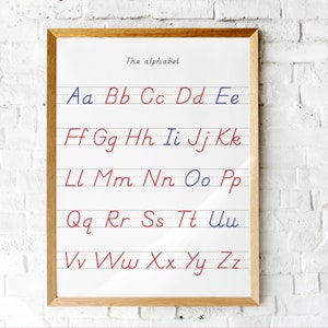 Manuscrito del cartel del alfabeto en estilo Montessori D'Nealian.