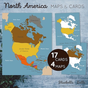 Nordamerika Montessori Landkarten und Länderkarten. Geographie Kontinent Studie zum Ausdrucken.