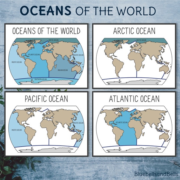 Oceans of the world cards and map. Geography Montessori printable activity for preschool and kindergarten.