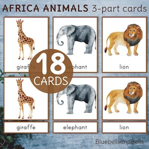 Animali africani Carte Montessori in 3 parti. Attività sul vocabolario della scuola dell'infanzia e della scuola dell'infanzia. Competenze di prelettura stampabili.