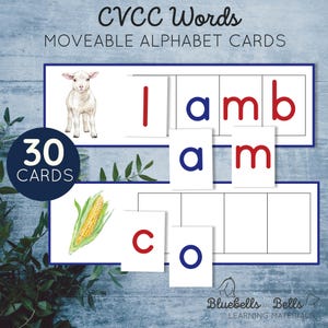 Tarjetas imprimibles con palabras del alfabeto móvil Montessori CVCC para unir letras. Actividad para preescolar y kínder.