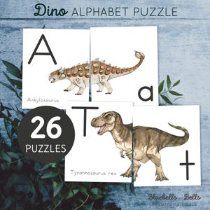 Quebra-cabeça de dinossauro com alfabeto. Livro de letras para imprimir para crianças.
