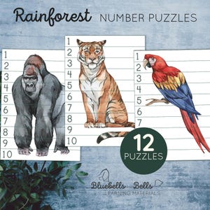 May include: A set of 12 printable rainforest animal number puzzles. The puzzles feature a gorilla, tiger, and macaw. Each puzzle has a numbered grid and a corresponding animal image to be cut out and placed on the grid.