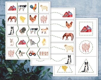農場の動物の切り絵。幼稚園児向けのはさみ練習用ワークシート