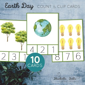 Cartões de contagem e clipe para impressão do Dia da Terra de 1 a 10. Atividade matemática de primavera para pré-escola e jardim de infância. Imprimível Montessori.