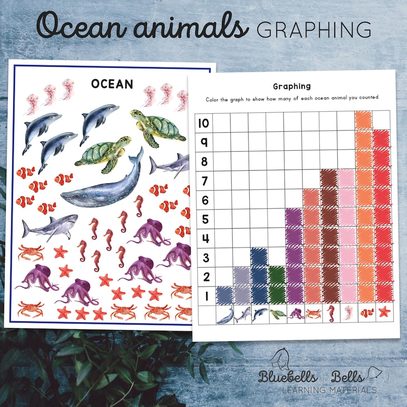 May include: A printable worksheet for kids to learn about ocean animals. The worksheet includes a colorful picture of ocean animals and a graph to count the number of each animal. The text on the worksheet says "Ocean animals graphing" and "Ocean".