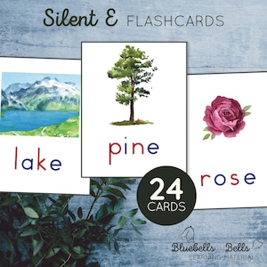 Montessori Silent E flashcards. Learning to read printable.