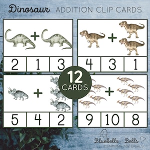 Dinosaur count and clip cards addition 1-10. Preschool and kindergarten math printable.