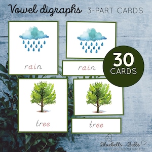 Cartões com dígrafos vocálicos de 3 partes. Série verde para impressão.