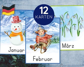 Monate des Jahres Bildkarten und Poster. Kindergarten und Vorschule druckbare Lernkarten.