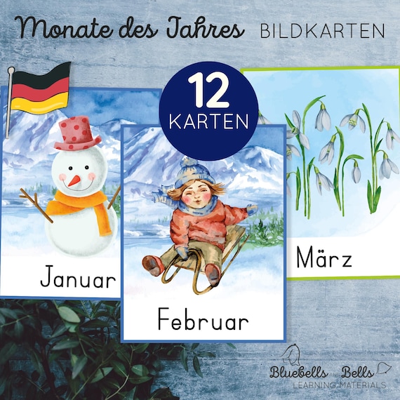 Monate des Jahres Bildkarten und Poster. Kindergarten und Vorschule druckbare Lernkarten.