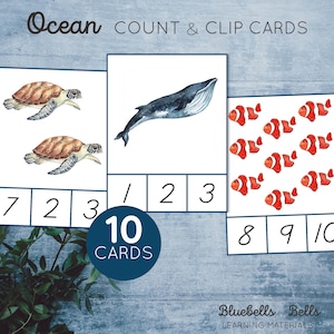 海の動物の数とクリップカード 1～10。モンテッソーリ印刷可能。