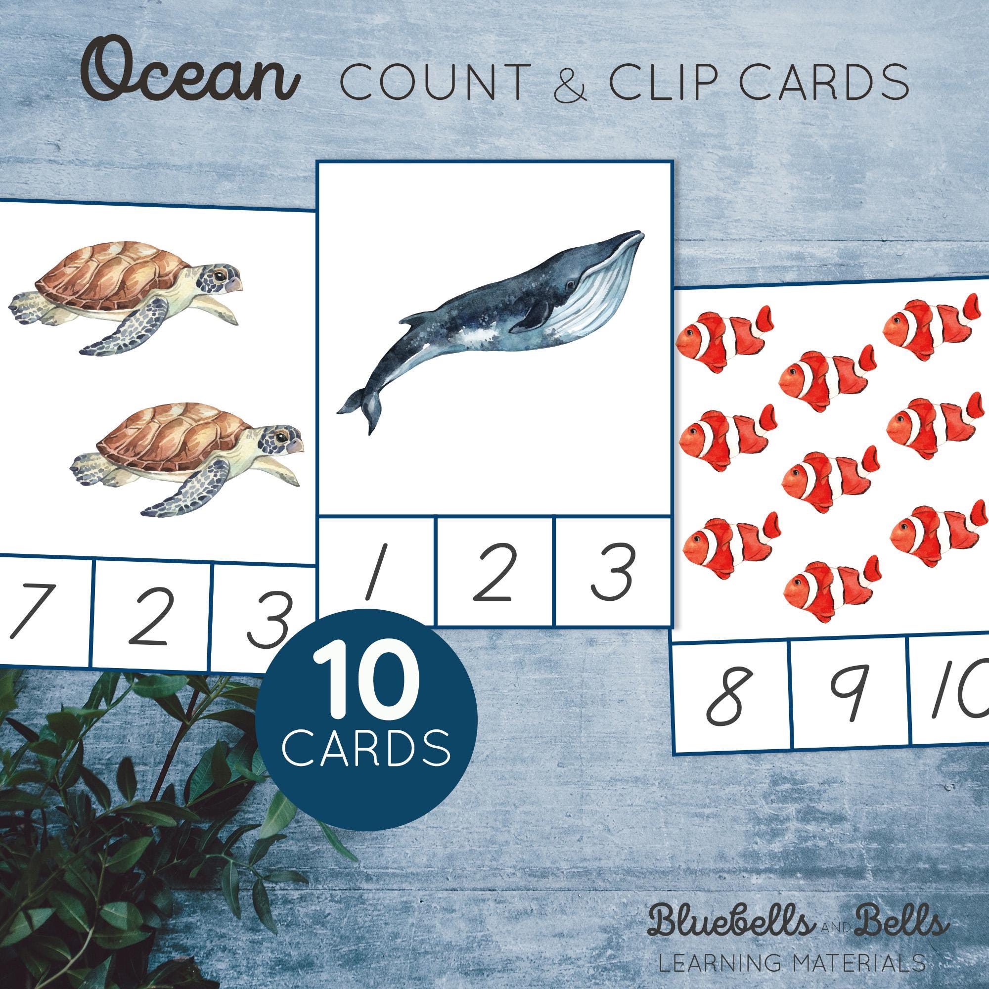 Ocean animal count and clip cards 1-10. Montessori printable.