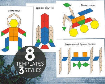 Plantillas de bloques de patrones del espacio exterior. Actividad de emparejamiento STEM de preescolar y jardín de infantes del sistema solar.