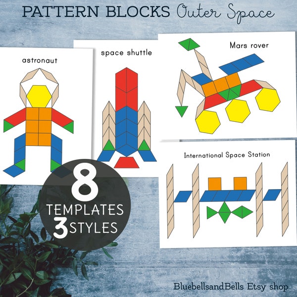 Outer space pattern blocks templates. Solar system preschool and kindergarten STEM matching activity.