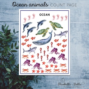 May include: A printable ocean animal counting page with colorful illustrations of sea creatures, including dolphins, sea turtles, whales, sharks, seahorses, octopuses, clownfish, crabs, and starfish. The page is titled "Ocean" and is perfect for preschoolers and kindergarteners to practice counting and number recognition.