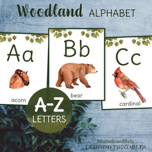 Tarjetas con el alfabeto del bosque. Tarjetas de letras de acuarela. Niños imprimibles. Regalo educativo para niños pequeños.