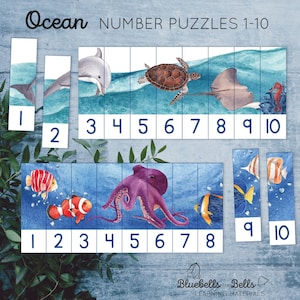 May include: Ocean-themed number puzzles 1-10. The puzzles feature watercolor illustrations of marine life, including a dolphin, sea turtle, octopus, and various fish. The numbers are clearly displayed on each puzzle piece, with the text "Ocean NUMBER PUZZLES 1-10" at the top.