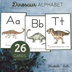 Tarjetas didácticas con el alfabeto de los dinosaurios. Tarjetas con letras en acuarela. Para niños.