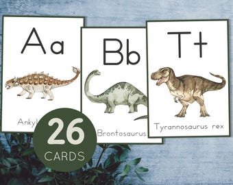 Dinosaur alphabet flashcards. Watercolor letter cards. Kids printable.