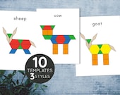 Farm animals Pattern blocks templates. Preschool and Kindergarten shape matching activity.