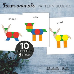 Puede incluir: Tres plantillas imprimibles de bloques de patrones para animales de granja. Las plantillas muestran una oveja, una vaca y una cabra. Cada animal está hecho de bloques de patrones de diferentes colores. El texto "10 plantillas 3 estilos" está en un círculo en la parte inferior de la imagen.
