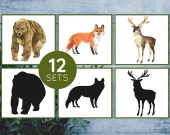 Woodland animal Montessori printable shadow matching cards. Toddler printable activity.