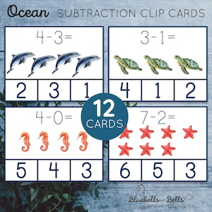 Ocean Count and clip cards  Subtraction 1-10. Preschool and Kindergarten summer math activity.