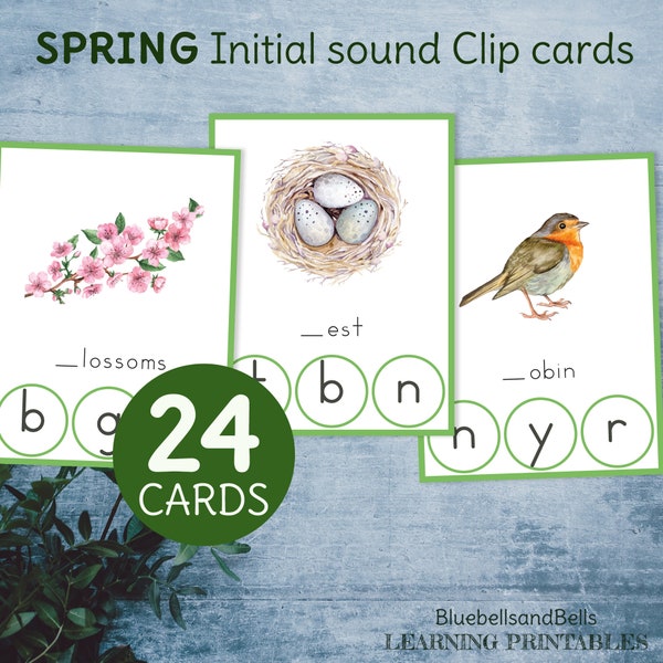 Spring Montessori printable phonics clip cards. Beginning sound activity for preschool and kindergarten.