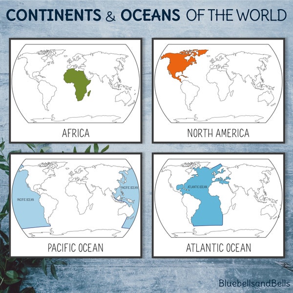 Continents and Oceans cards and map. Montessori printable Geography activity for preschool and kindergarten.