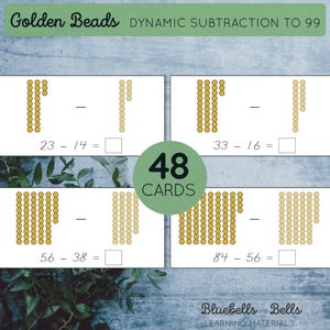 May include: A set of 48 subtraction flashcards featuring images of golden beads. Each card shows a subtraction problem with two numbers and a blank space for the answer. The cards are designed to help children learn subtraction facts up to 99.