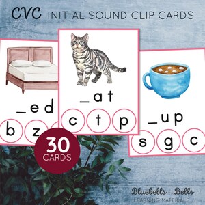 Cartes imprimables de mots-clés CVC Phonics. Début de l'activité imprimable sonore. Cartes à clip de la série Montessori rose.