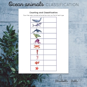 May include: A printable worksheet with a list of ocean animals, including a whale, shark, dolphin, turtle, octopus, crab, seahorse, jellyfish, clownfish, and starfish. The worksheet instructs users to count the animals and write how many they find of each type.