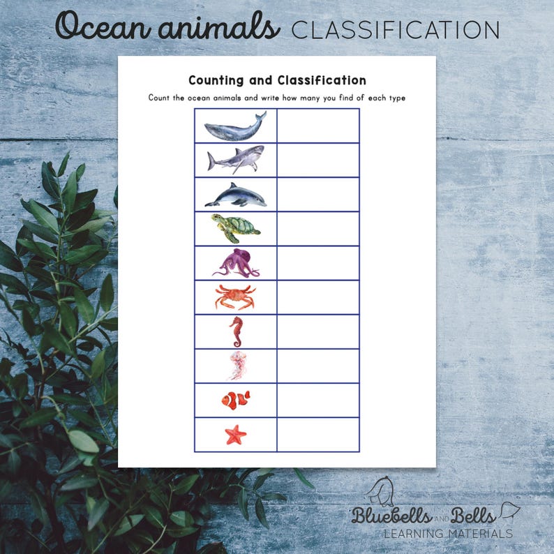 May include: A printable worksheet with a list of ocean animals, including a whale, shark, dolphin, turtle, octopus, crab, seahorse, jellyfish, clownfish, and starfish. The worksheet instructs users to count the animals and write how many they find of each type.