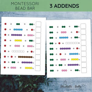 Hojas de trabajo de suma con barras de cuentas Montessori: 3 sumandos. Matemáticas Montessori imprimibles para jardín de infantes y primer grado.