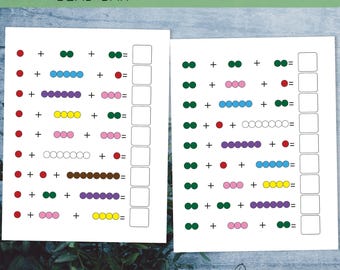 Montessori Perlenleisten Zugabe Arbeitsblätter 3 Addends. Montessori Kindergarten und 1.Klasse Mathematik zum Ausdrucken.