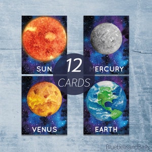 Sonnensystem Lernkarten zum Ausdrucken. Weltraum Karten Kleinkind. Planeten Aquarell Karten.