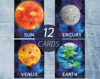 Solar system printable flashcards. Outer space cards toddler. Planets watercolor cards.