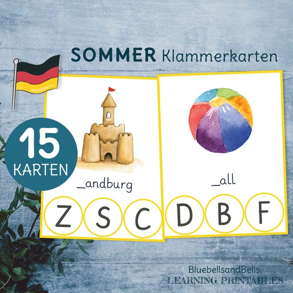 Anlaute Klammerkarten. Alphabet Montessori Sommer Vorlagen.