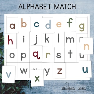Emparejamiento del alfabeto en minúsculas. Reconocimiento de letras imprimible para preescolar. ABC en tonos tierra.