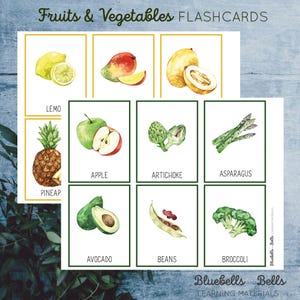 May include: A set of colorful flashcards featuring illustrations of fruits and vegetables. The flashcards are labeled with the name of each fruit or vegetable, such as lemon, apple, artichoke, asparagus, pineapple, avocado, beans, and broccoli.