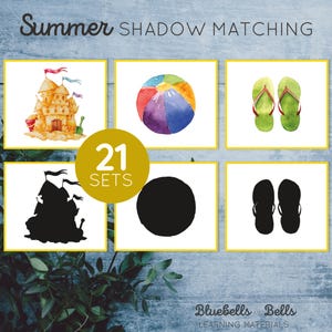 Summer toddler printable shadow matching cards. Montessori preschool matching game.