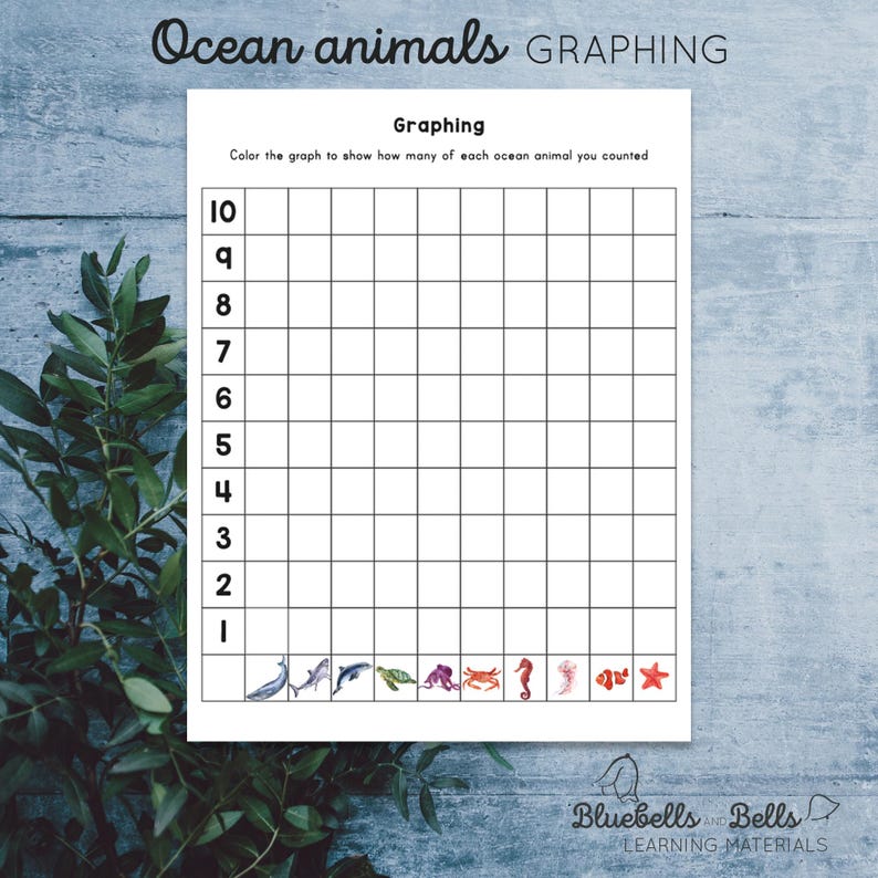 May include: A black and white printable graph with the title "Ocean animals GRAPHING" and the text "Graphing" and "Color the graph to show how many of each ocean animal you counted". The graph has a vertical axis labeled with numbers 1 through 10 and a horizontal axis with images of a dolphin, turtle, crab, seahorse, and starfish.