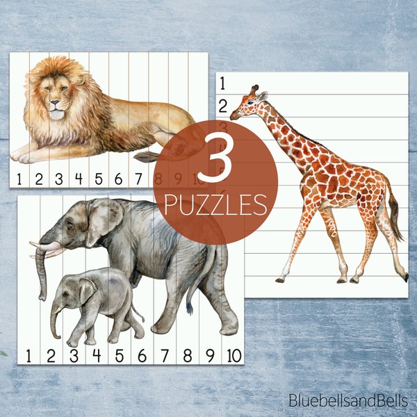 Africa Animal Number Sequence 1-10 puzzles. Preschool Montessori printable. Kindergarten math activity.