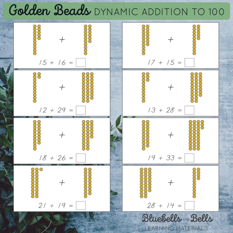 Montessori Golden Beads Addition Dynamic to 100. Golden Beads Extension ...