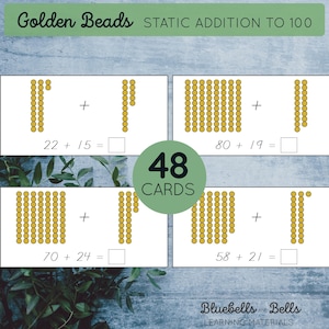 May include: A set of 48 educational cards featuring static addition problems to 100. Each card shows a visual representation of the problem using golden beads. The cards are designed to help children learn basic addition facts.