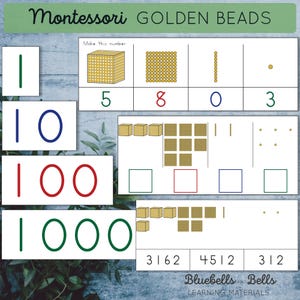 Montessori Golden Beads druckbare Zahlenkarten, Aufgabenkarten, Kontrollkarten, Clipkarten. Kindergarten Platzwert Beschäftigung.