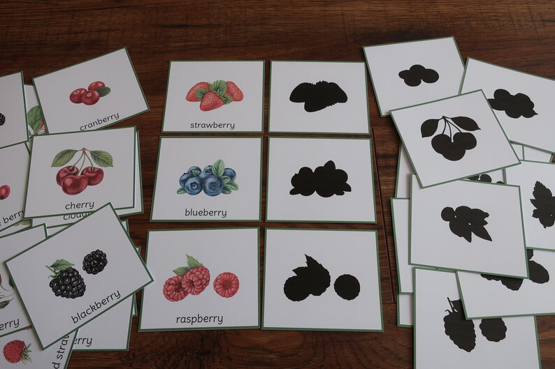 K&ouml;nnte beinhalten: Ein Satz von Lernkarten mit verschiedenen Beerenarten, darunter Blaubeeren, Himbeeren, Brombeeren, Preiselbeeren und Kirschen. Jede Karte zeigt eine farbenfrohe Illustration der Beere und ihren Namen darunter. Es gibt auch Silhouette-Karten, die zu den Beerenkarten passen.