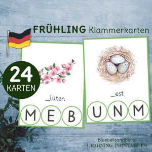 Montessori Anlaute Frühling Klammerkarten. Kindergarten und Vorschule Sprachmaterial Deutsch.