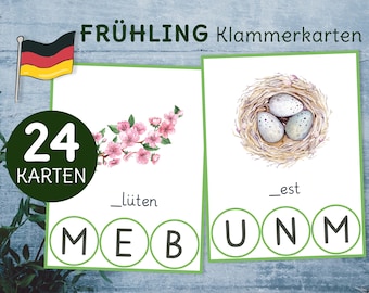 Montessori Anlaute Frühling Klammerkarten. Jardin d'enfants und Vorschule Sprachmaterial Deutsch.